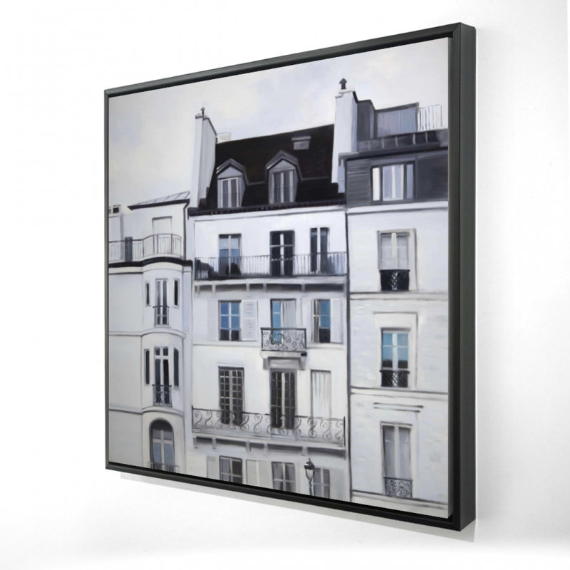 Buildings Along the Seine River - Hyperrealist Gray Framed Canvas