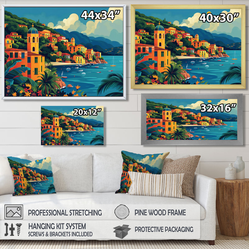 Orange, bleu, riviera italienne, art mural Italie, Cadre flottant brun, H 34 po x l 44 po