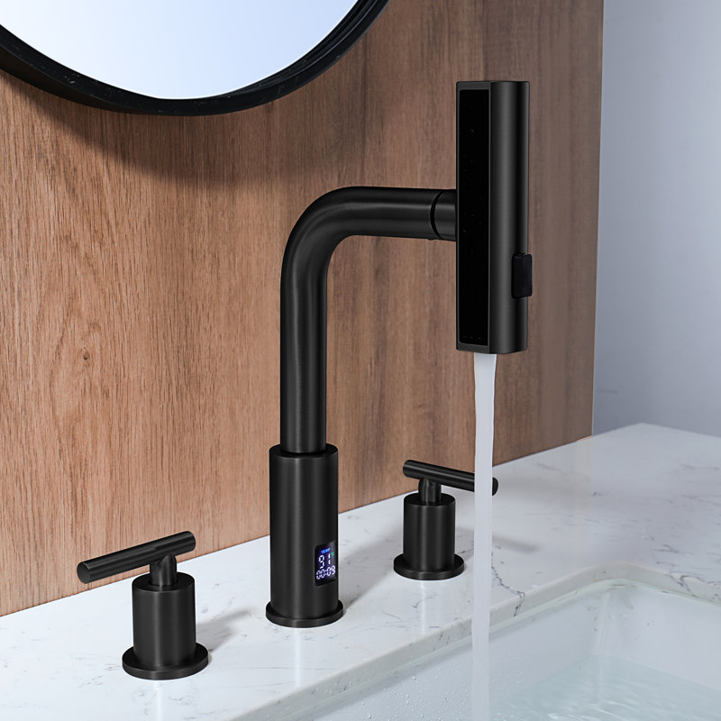 Lefton Waterfall Pull-out Bathroom Faucet 3 Hole With Temperature Display In Fahrenheit (battery-free), 8-inch Widespread Vanity Faucet For Bathroom Sink With 2 Handles