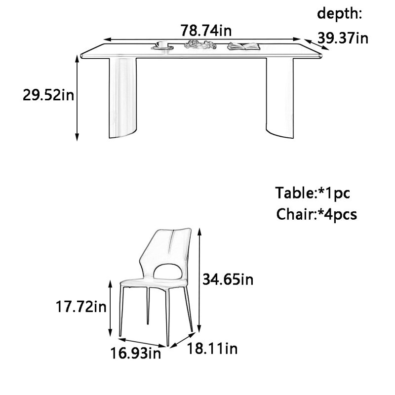 Classic and exquisite dining table and chair set, 29.52"H x 78.74"L x 39.37"W
