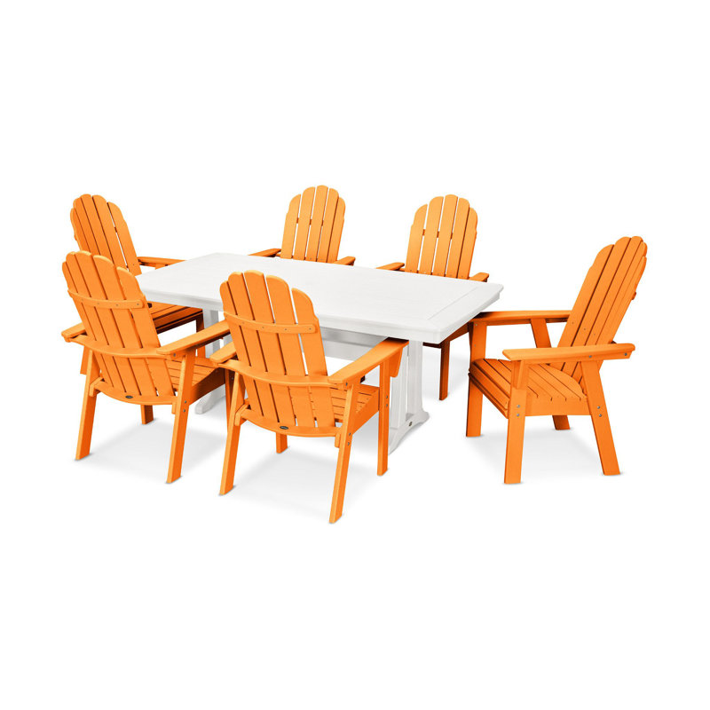 Ensemble repas 7 pièces POLYWOOD Vineyard Curveback Adirondack avec pieds en tréteaux, Tangerine, Blanc