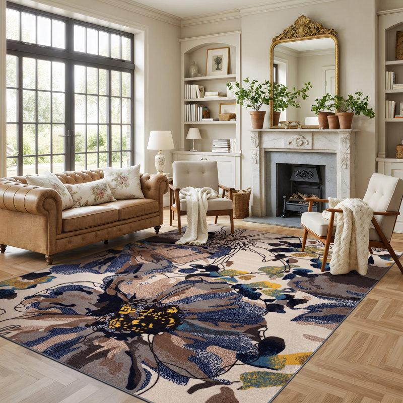 Dichiera Floral Brown/Navy/Cream Non-Slip Rubberback Area Rug, Rectangle 7'10" x 10'