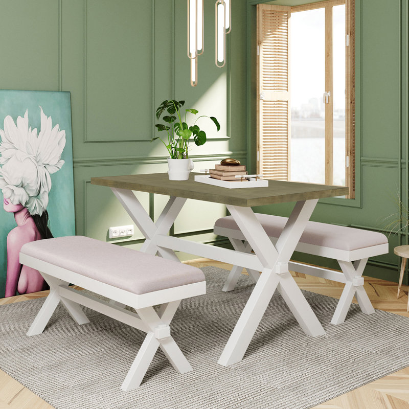Ensemble de 3 tables de salle à manger en bois rustique avec 2 bancs rembourrés, Vert, Blanc