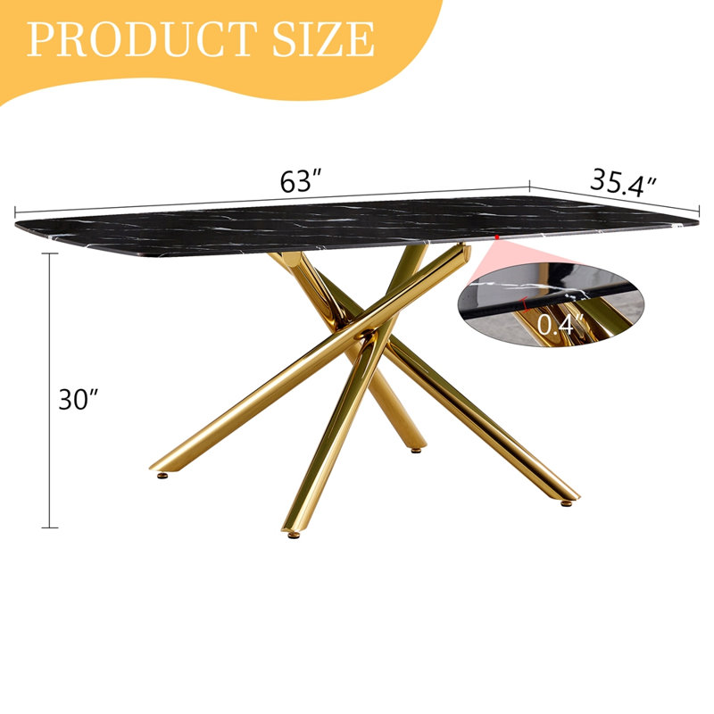 63"x35.4" Luxurious Black Marble-Patterned Tempered Glass Dining Table.Single Fork Golden Metal Table Legs.Tempered Glass Table Top,Golden Metal Leg.Adaptable To Various Decoration Styles.W1151S03298