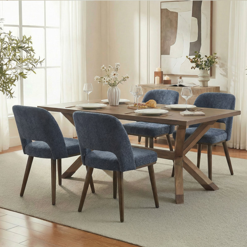 Mason Upholstered Side Dining Chair With Solid Wood Legs(Set of 4), 4, Blue