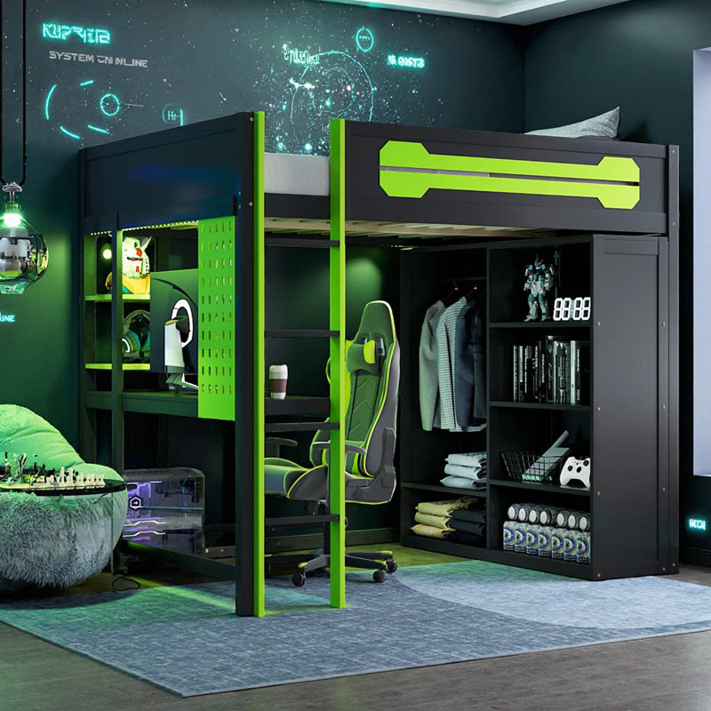 Lit mezzanine pleine grandeur avec lumières DEL, bureau intégré et garde-robe - Lit pour enfant peu encombrant pour étudier et jouer