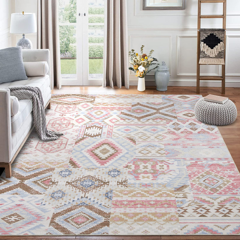 Machine Washable Area Rug Bohemian Rugs for Living Room Low Pile Non-Shedding Vintage Carpet for Bedroom Dining Home Office