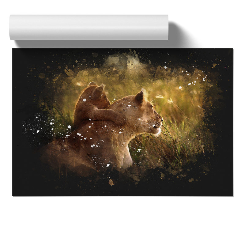 Lioness with Lion Cub Paint Splash - Frameless Print, 42cm H x 59cm W x 0.1cm D