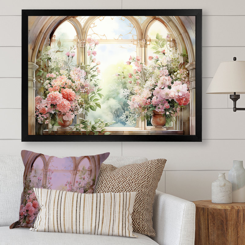 «Pink Blossoming Country Window Gaze V», reproduction d'art sur toile, Cadre d'angle fermé noir, H 12 po x l 20 po x P 1 po