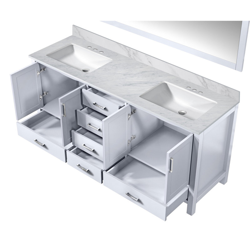 Meuble-lavabo double blanc 72 po X P 22 po D, plateau en marbre de Carrare et Miroir, Marbre de Carrare, Blanc