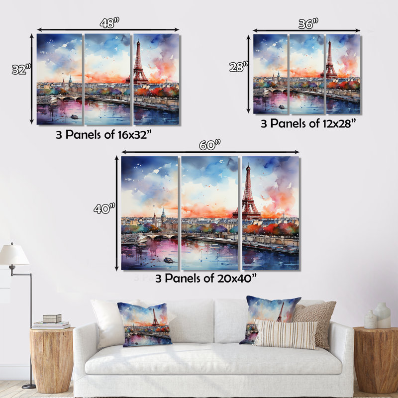 Paysage urbain de Paris, Tour Eiffel au printemps I - Ensemble d'art mural sur toile City Paris, H 28 po x l 36 po x P 1 po