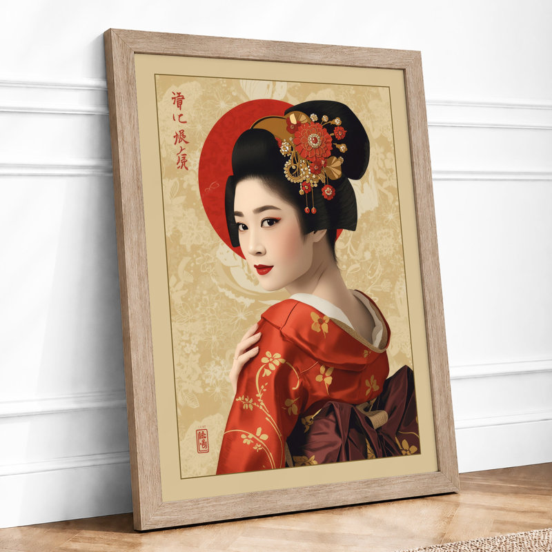 Woman in Red Silk Japandi - Framed Print, Oak, A4 - 29.7 x 21.0 cm