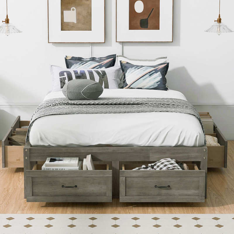 Lit plateforme avec 6 tiroirs de rangement, Gris antique, Full