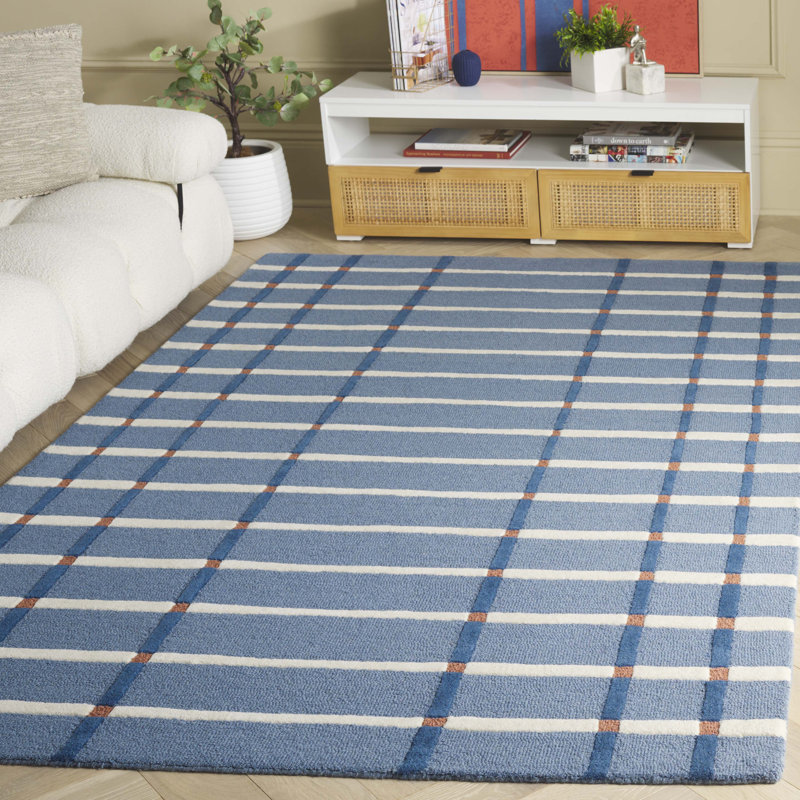 Zoticus Handtufted Wool & Cotton Striped Rug in Blue/Ivory, Rectangle 9" x 12"