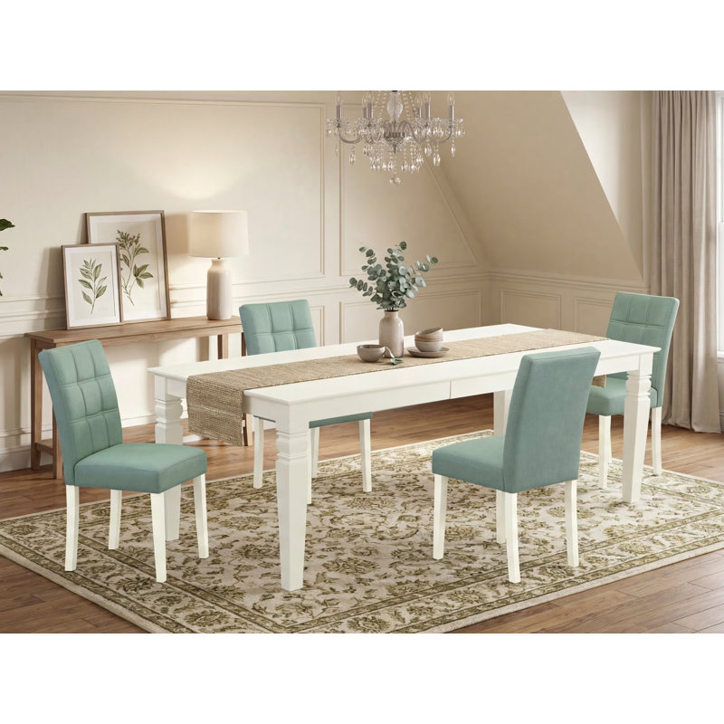 L'ensemble de table de salle à manger 7 pièces se compose d'une table en bois et de 6 chaises de salle à manger Parson en tissu de polyester beige rouge avec dossier élégant - finition lin blanc