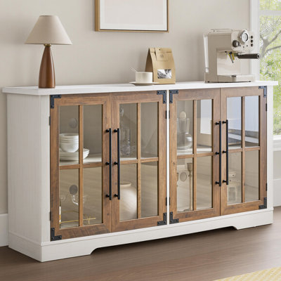 Buffet en bois de ferme l 63 po avec portes en verre et tablettes réglables Pfarr, blanc