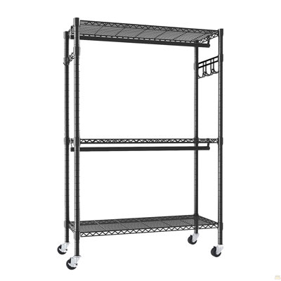 Rolling Clothes Rack, Heavy Duty Clothes Rack with Wheels, 3 Tiers Adjustable Wire Shelving Garment Rack with 2 Clothes Rods and Side Hooks,Freestandi