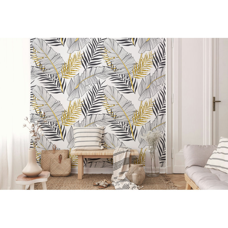 Papier peint à feuilles de palmier noir et blanc avec accents dorés, L 115 po x l 225 po