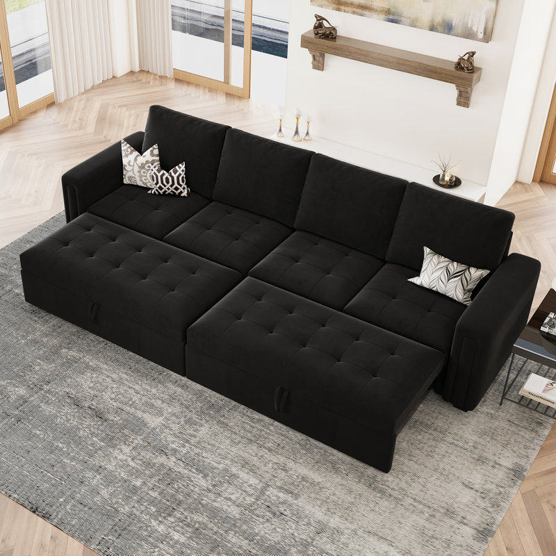 Velvet Sectional Sofa Bed Sleeper, Black Velvet