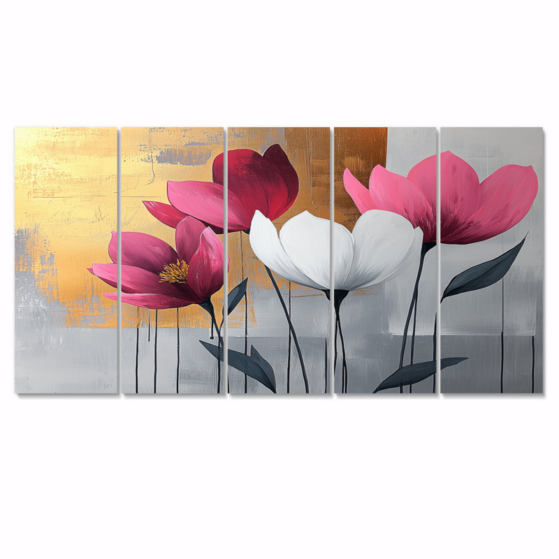 Golden Lotus Flowers Pure Form I - art mural lotus - décoration murale moderne, H 32 po x l 80 po, 5