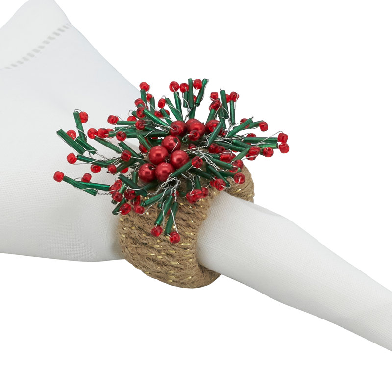 Festive Beaded Holiday Napkin Rings with Red Berries, Set of 4