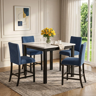 5-Piece Counter Height Dining Table Set, Square Faux Marble Top Table with 4 Velvet Upholstered Chairs and Nailhead Trim, Modern Dining Set for Kitchen and Dining Room