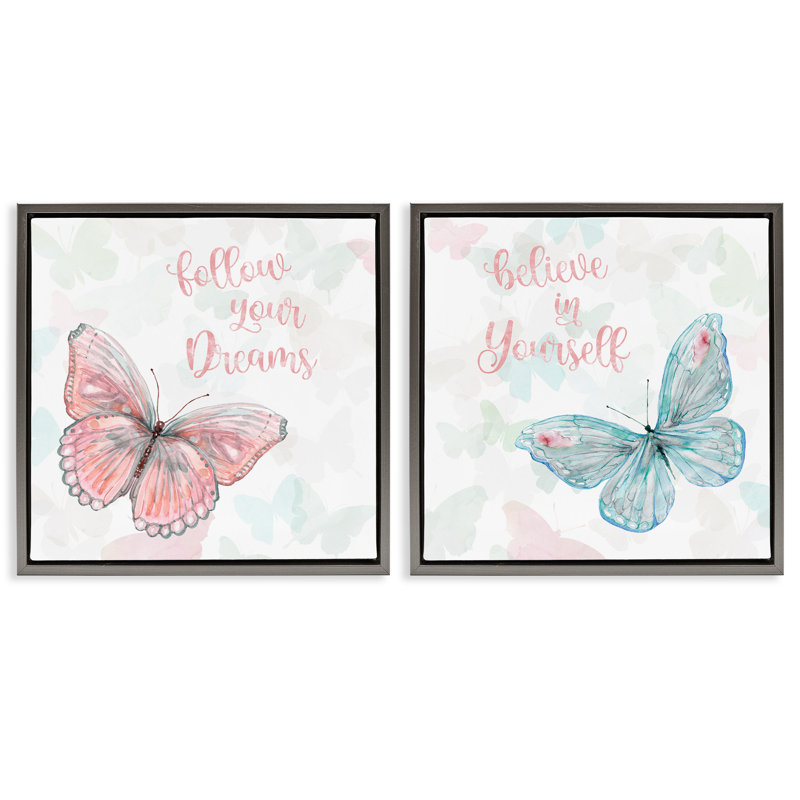 «Believe In Dreams Butterflies», ensemble de 2 toiles flottantes encadrées par Carol Robinson, Cadre flottant gris lustré