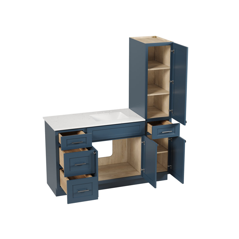 Disar 60'' Single Bathroom Vanity With Right Linen Tall Cabinet Dovetail Solid Wood Drawer Carrara Quartz Top, Blue