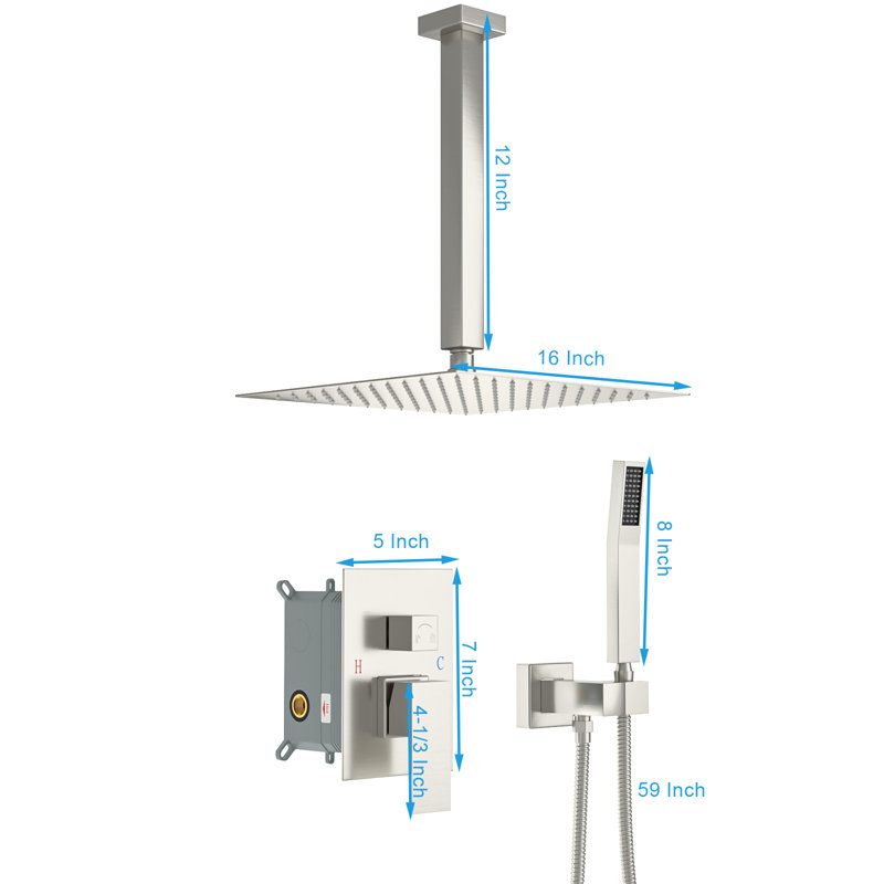 16 Inch Ceiling Mounted Shower System Rain Mixer Shower Combo Set Shower Head with Hand Shower, Brushed Nickel
