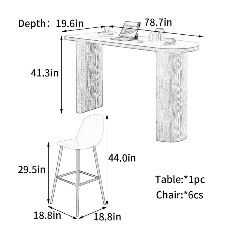 Table de bar moderne et luxueuse, H 41,30 po x L 78,70 po x l 19,60 po, 6