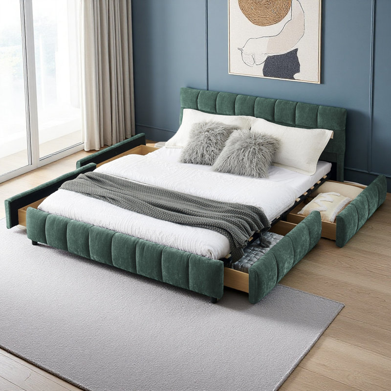 Grand lit tapissier, cadre de lit rembourré confortable, tissu chenille, avec tête de lit et cadre de lit solide. Avec tiroir pour le rangement