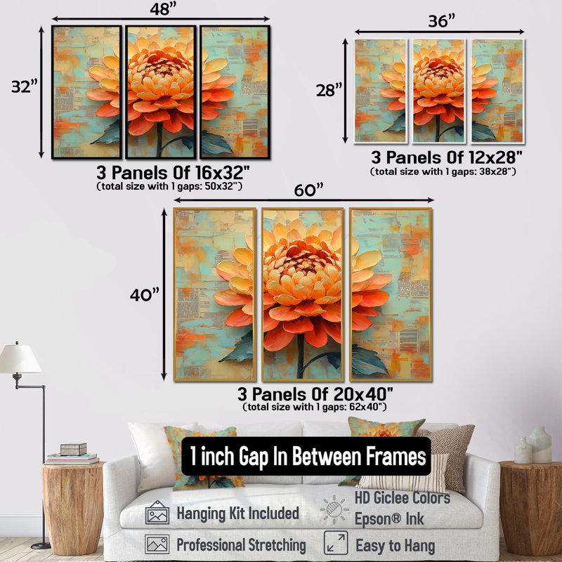 Ensemble de décorations murales - Chrysanthème jaune et orange, Toile avec cadre flottant or, H 28 po x l 36 po x P 1 po
