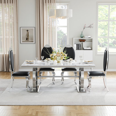 Luxury Faux Marble Dining Table Set With High-Back Petal-Style PU Leather Chairs And Mirror-Finish Stainless Steel Base, Modern Rectangular Table For Dining Room Or Kitchen