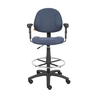 Jea Drafting Stool Chair, Adjustable Arms, Blue Tweed, Round Footring