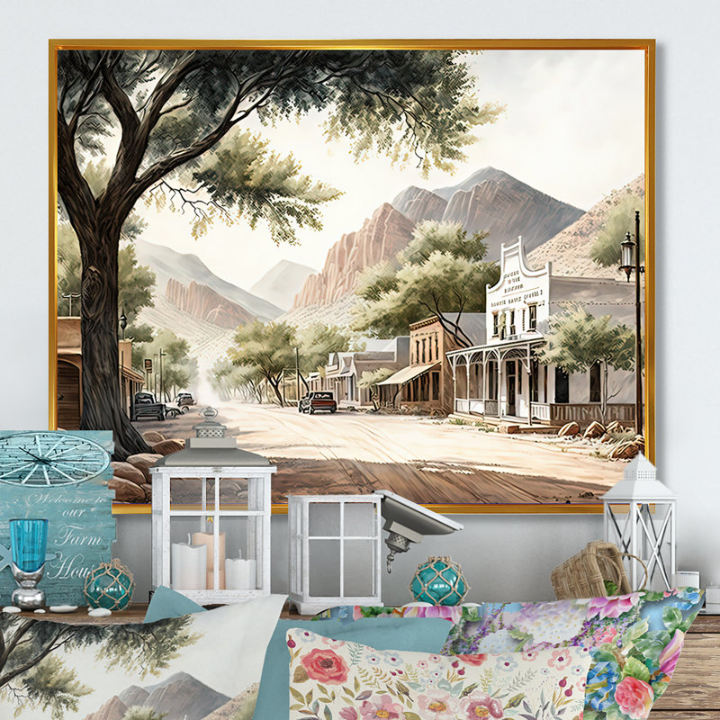 «Small Town Wild West I», impression sur toile, H 12 po x l 20 po x P 1 po, Cadre flottant doré