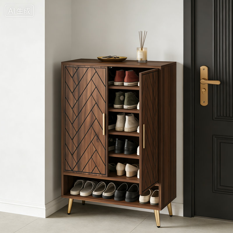 Nordic Style Dark Brown Shoe Cabinet Herringbone Pattern Door Decoration Gold Handles Gold Tapered Legs Entryway Storage Furniture