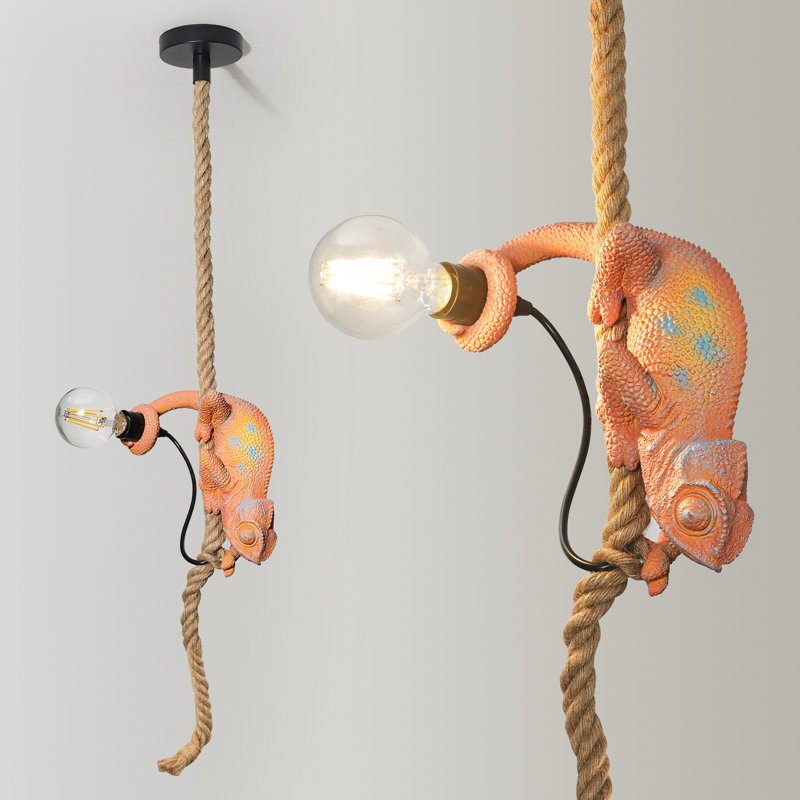 Luminaire suspendu lézard avec corde en jute et douille E26 câblée, Orange / Vert