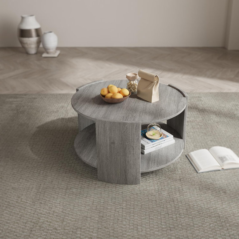 Gray Round Wooden Coffee Table with 2-Tier Storage Shelf