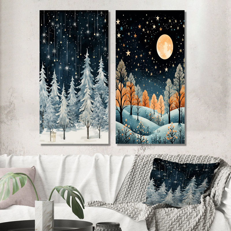 «Winter Pine Tree Starry Night Sky I», ensemble de 2 reproductions d'art sur toile, H 28 po x l 25 po, Toile tendue