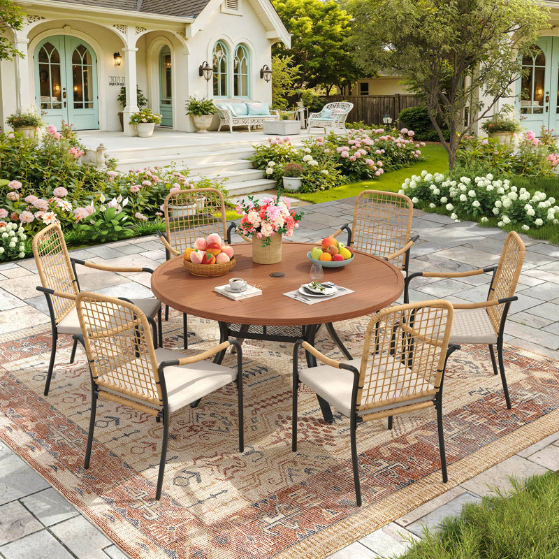 Ensemble de salle à manger de patio pour 6 personnes avec fauteuil empilable, Noyer