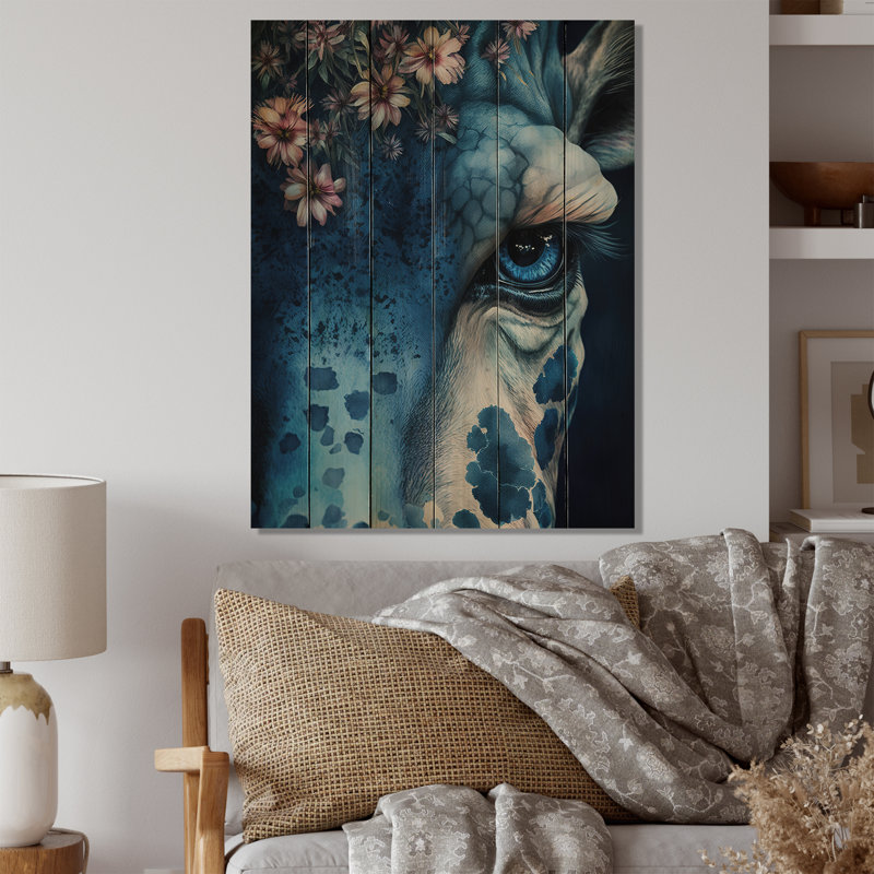 Portrait de girafe Alvardo Irieana avec fleurs II - impression sans cadre sur bois, H 32 po x l 24 po x P 1 po