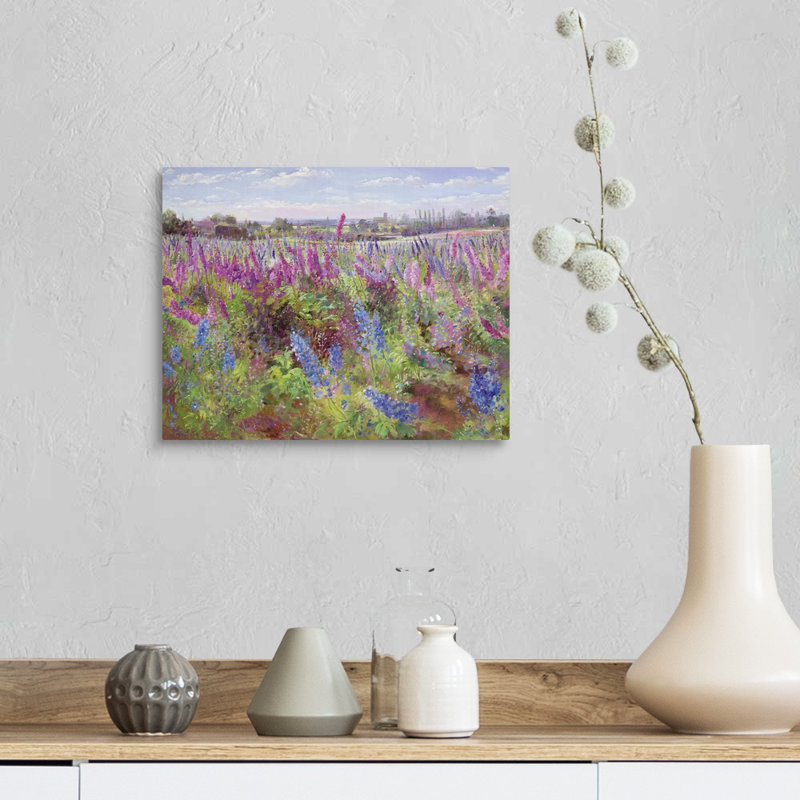 «Delphinium Field and Church» par Timothy Easton, reproduction sur toile, Toile tendue, H 11 po x l 14 po x P 1,25 po