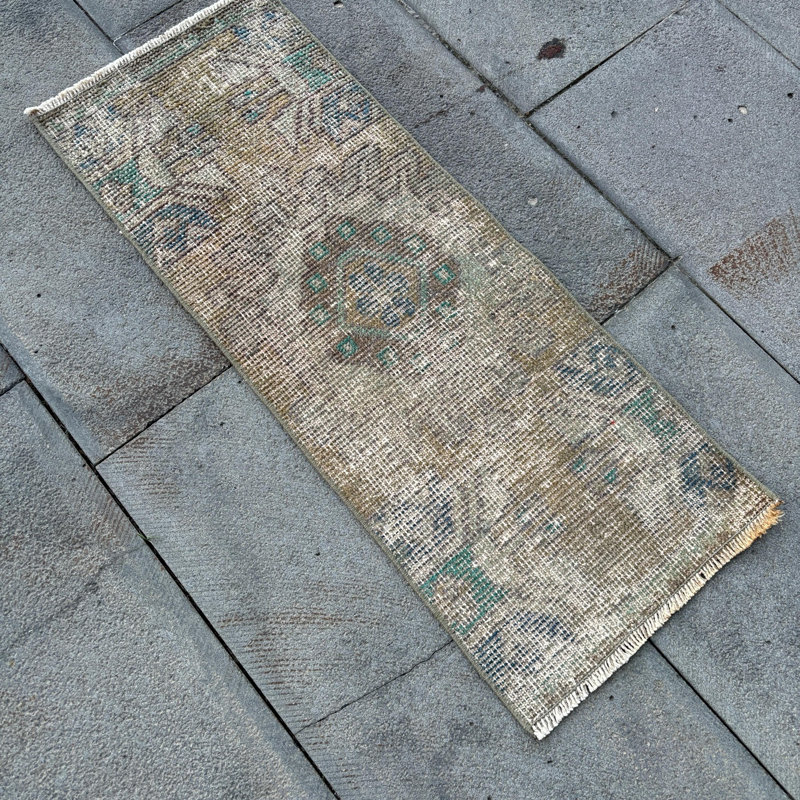 Vintage Turkish Runner Rug with Distressed Look, Neutral Tones and Geometric Designs for Entryway
