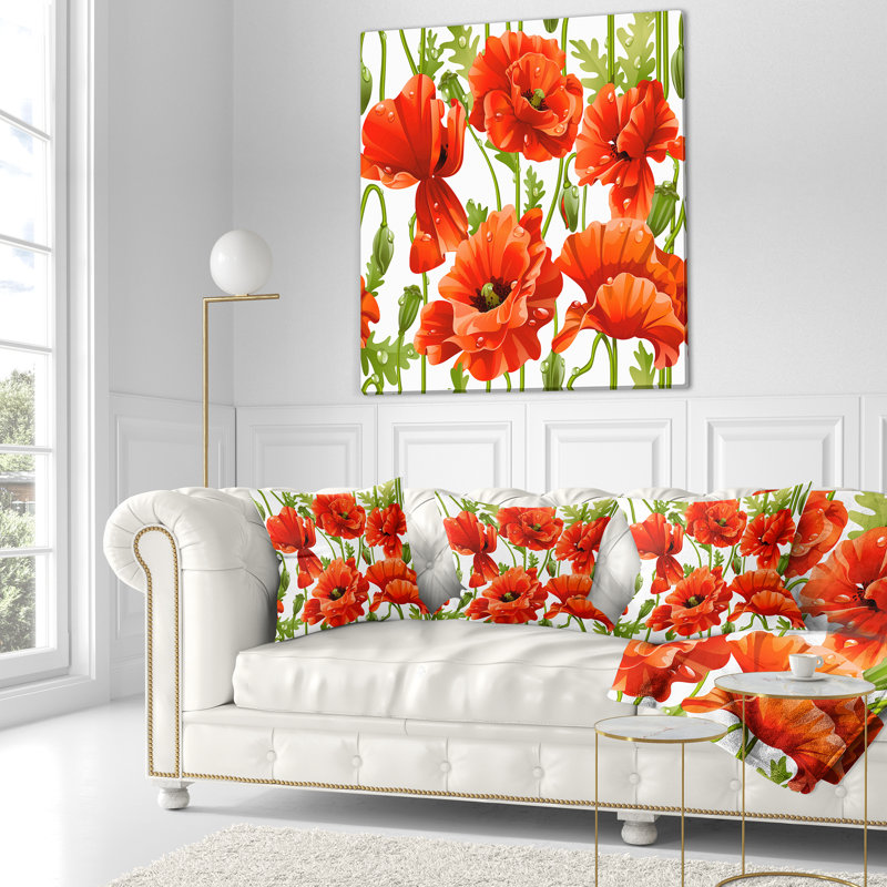 Modèle sans couture de coquelicots rouges - coussin décoratif imprimé floral, 16 po x 1 po