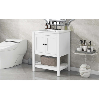 Lavabo de salle de bain moderne élégant en céramique 24 po avec tablette ouverte en bois massif