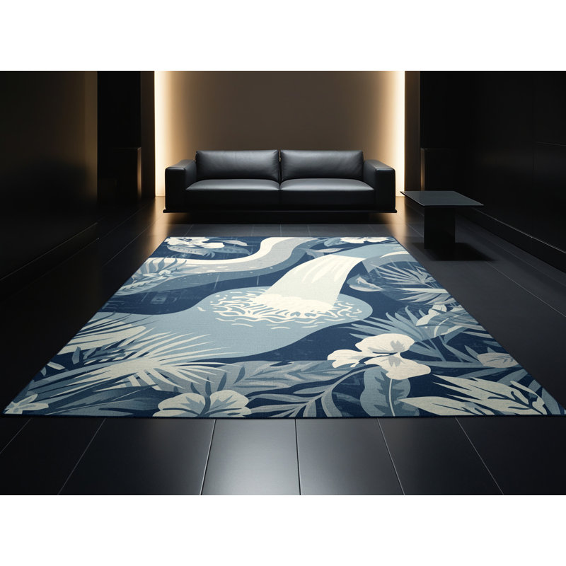 Machine Washable Paxon Tropical Floral Rug in Blue – Navy Binding, 5' Round