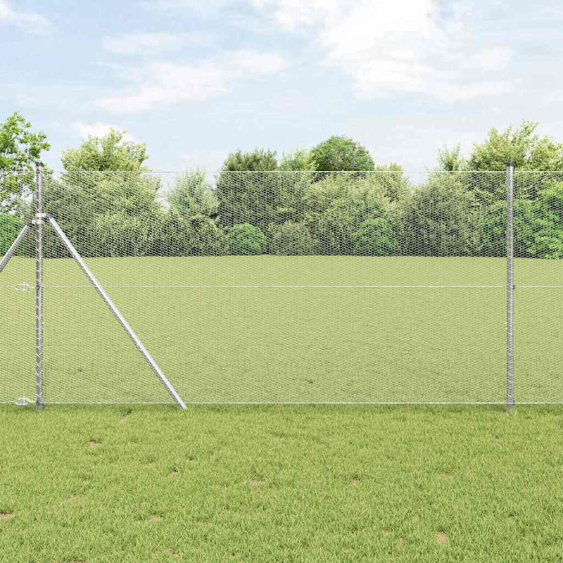 Vidaxl Fence With Posts PVC-Coated Steel, Silver, 120cm H x 2500cm W x 3.2cm D