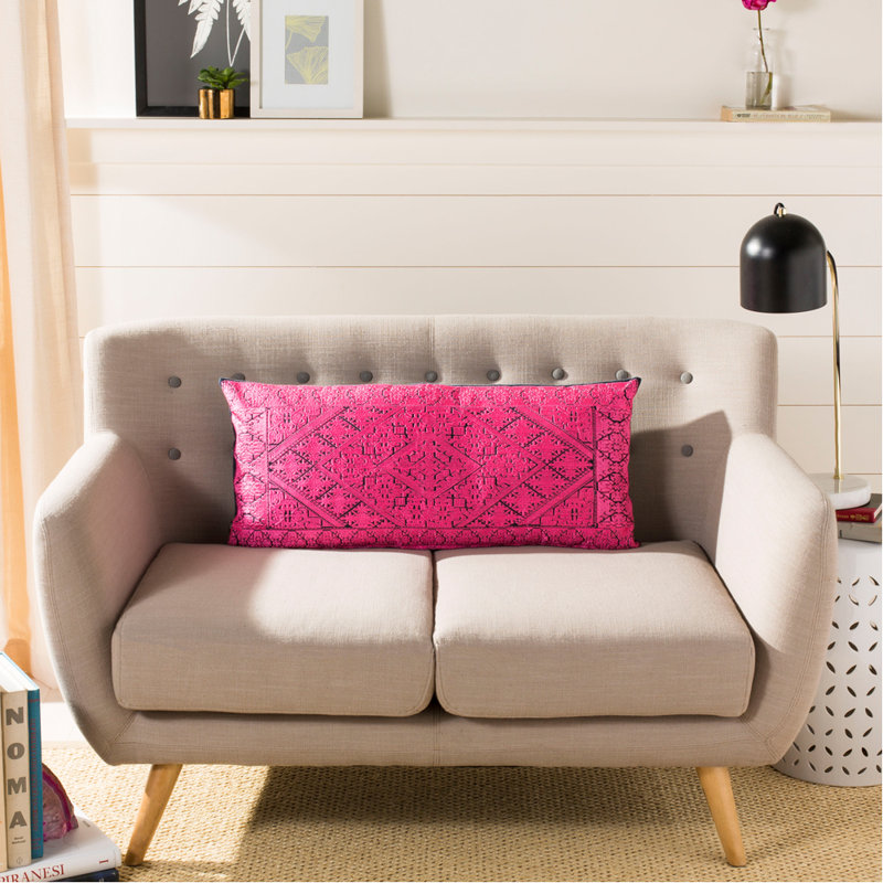 Lila Embroidered Ikat Lumbar Pillow, Magenta