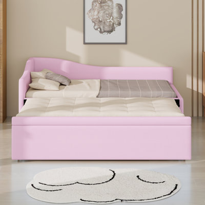 Linen Fabric Upholstered L-Shaped Daybed With Pop-Up Trundle, Slats