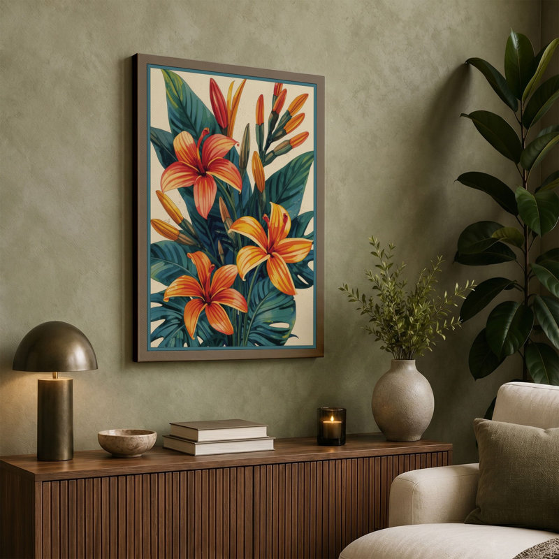Lilies in Bloom Botanical - Wrapped Canvas, 24x16 - 61.0 x 40.6 cm, White Border